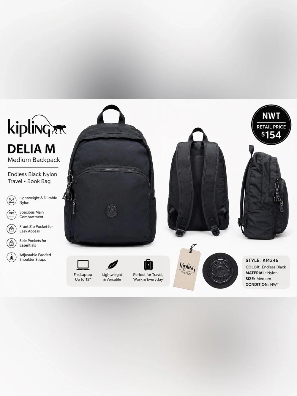 Kipling Delia Medium Backpack Endless Black Nylon Travel School Bookbag NWT